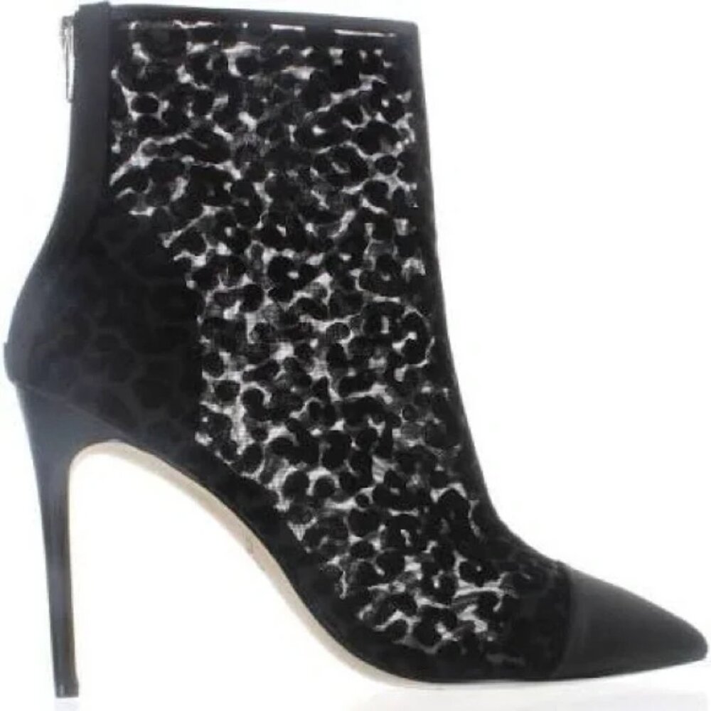 NEW! JEWEL by BADGLEY MISCHKA FLOCKED MESH CHEETAH STILETTO BOOTIES HEELS sz 7.5